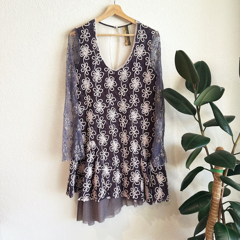 Aratta Womens Embroidered Lace Overlay Mini Dress Small Boho Chic Fairy Artsy